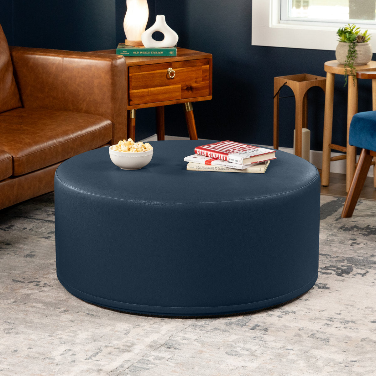 Ottoman, 36 in Round, Faux Leather in Oxford Blue