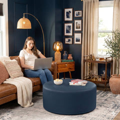Ottoman, 36 in Round, Faux Leather in Oxford Blue