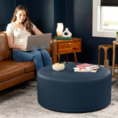Ottoman, 36 in Round, Faux Leather in Oxford Blue