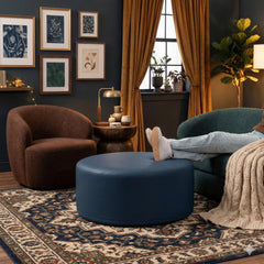 Ottoman, 36 in Round, Faux Leather in Oxford Blue