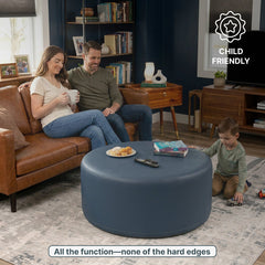 Ottoman, 36 in Round, Faux Leather in Oxford Blue