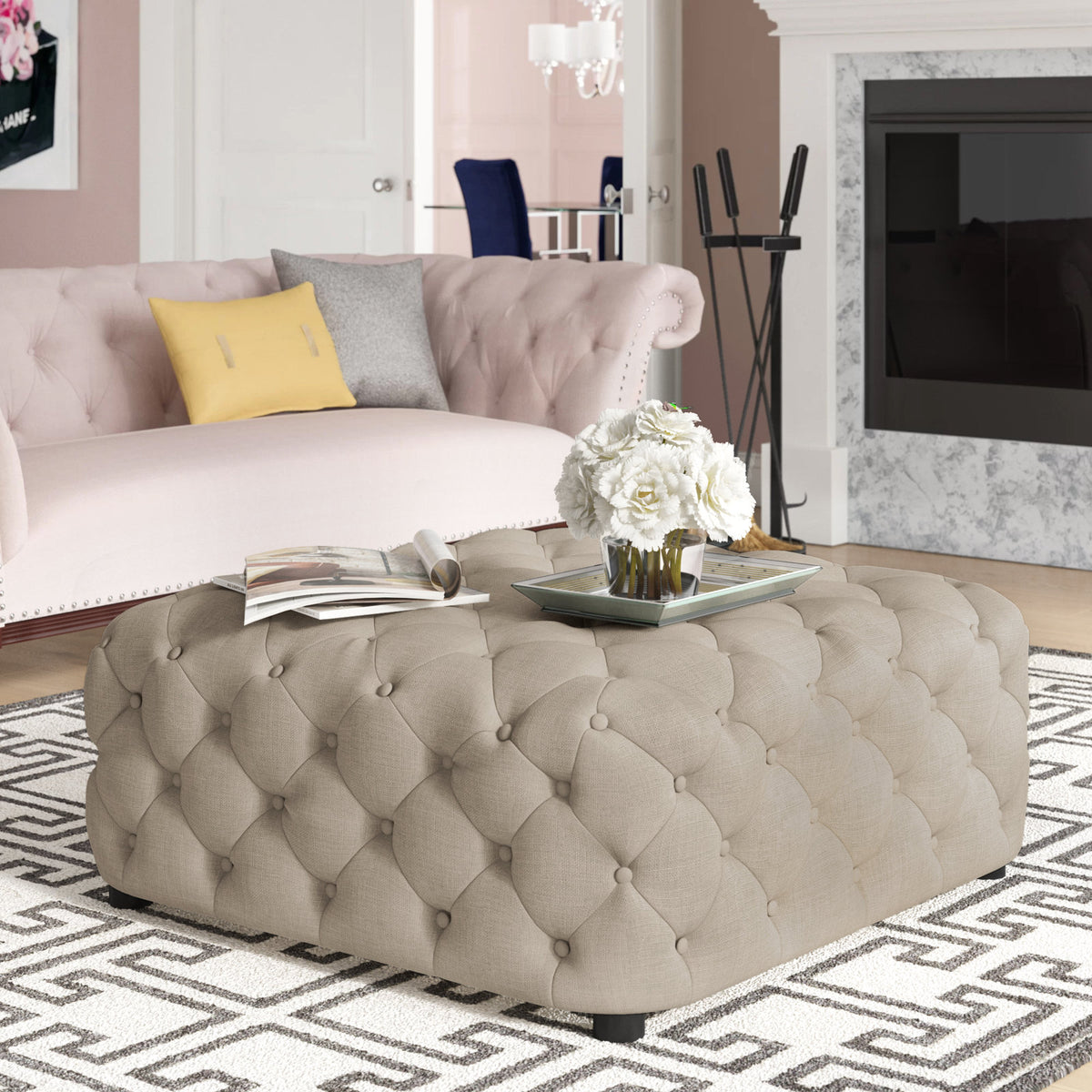 Ottoman, 40 Inch Square, Beige Linen Blend with Black Legs
