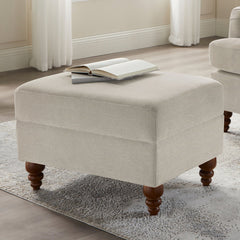Ottoman, Beige Polyester with Brown Wood Legs