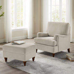 Ottoman, Beige Polyester with Brown Wood Legs