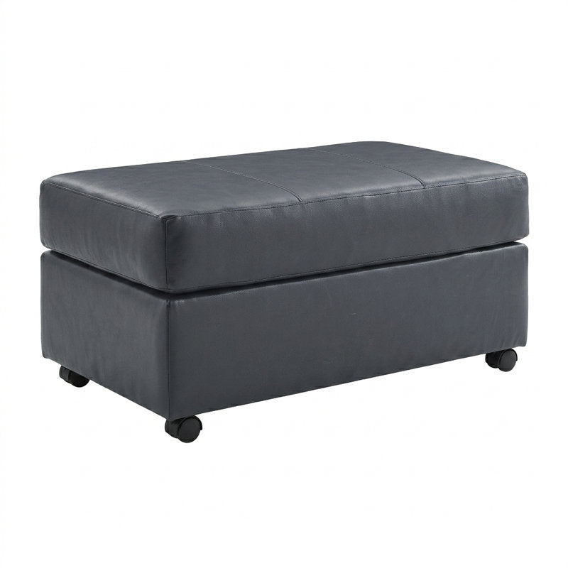 Ottoman, Blue Leather Upholstery with Four Casters
