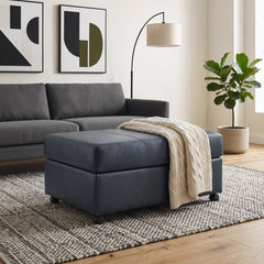 Ottoman, Blue Leather Upholstery with Four Casters