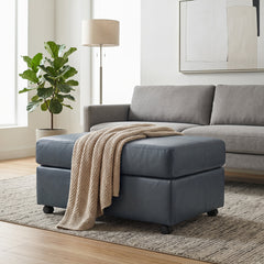 Ottoman, Blue Leather Upholstery with Four Casters