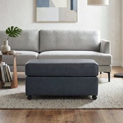 Ottoman, Blue Leather Upholstery with Four Casters