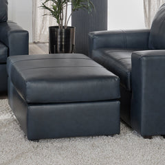 Ottoman, Blue Leather Upholstery with Four Casters