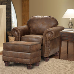 Ottoman, Brown Microfiber, Solid Wood Frame, Walnut Legs