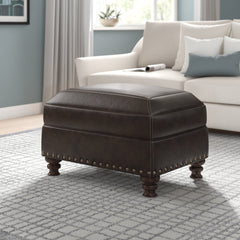 Ottoman, Brown Top Grain Leather with Espresso Wood Legs
