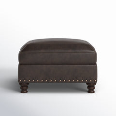 Ottoman, Brown Top Grain Leather with Espresso Wood Legs