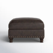 Ottoman, Brown Top Grain Leather with Espresso Wood Legs