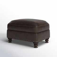 Ottoman, Brown Top Grain Leather with Espresso Wood Legs