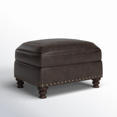 Ottoman, Brown Top Grain Leather with Espresso Wood Legs