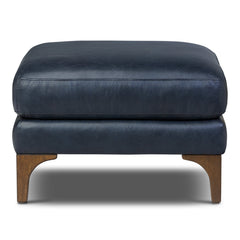 Ottoman, Full-Grain Leather, Blue with Brown Wood Legs