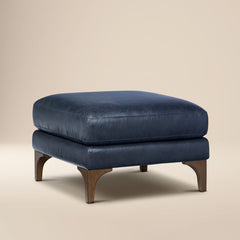 Ottoman, Full-Grain Leather, Blue with Brown Wood Legs