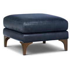Ottoman, Full-Grain Leather, Blue with Brown Wood Legs