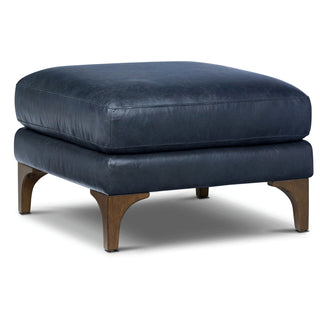 Ottoman, Full-Grain Leather, Blue with Brown Wood Legs