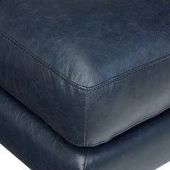 Ottoman, Full-Grain Leather, Blue with Brown Wood Legs