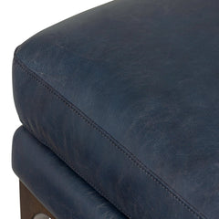 Ottoman, Full-Grain Leather, Blue with Brown Wood Legs