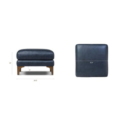 Ottoman, Full-Grain Leather, Blue with Brown Wood Legs