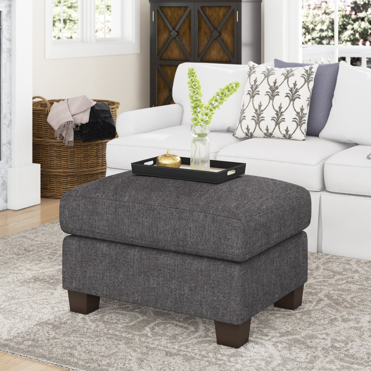 Ottoman, Gray Chenille with Black Wood Legs