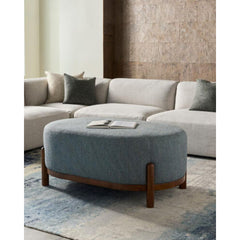 Ottoman, Gray Polyester Upholstery with Brown Wood Legs