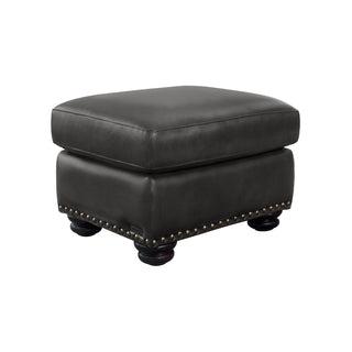 Ottoman, Gray Top-Grain Leather with Espresso Wood Legs