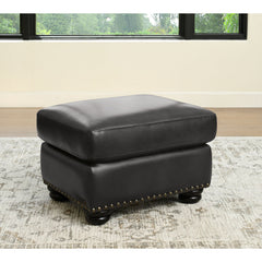 Ottoman, Gray Top-Grain Leather with Espresso Wood Legs