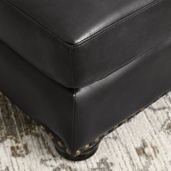 Ottoman, Gray Top-Grain Leather with Espresso Wood Legs