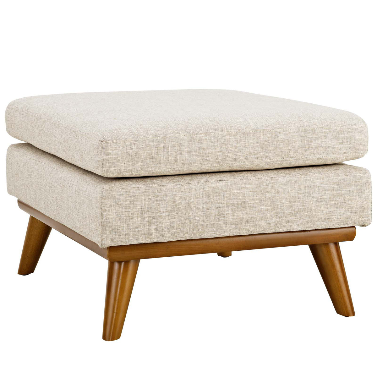 Ottoman in Beige Polyester Blend with Walnut Wood Legs