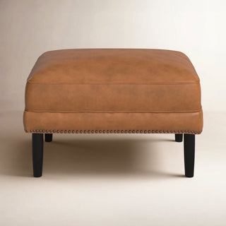 Ottoman in Brown Top-Grain Leather with Dark Brown Wood Legs