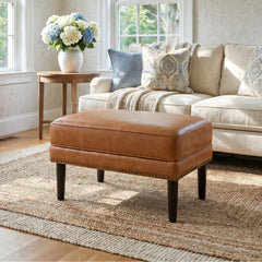 Ottoman in Brown Top-Grain Leather with Dark Brown Wood Legs