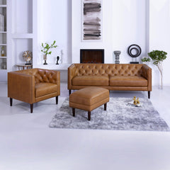 Ottoman in Brown Top-Grain Leather with Dark Brown Wood Legs
