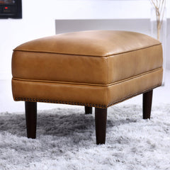 Ottoman in Brown Top-Grain Leather with Dark Brown Wood Legs