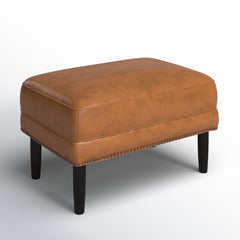 Ottoman in Brown Top-Grain Leather with Dark Brown Wood Legs