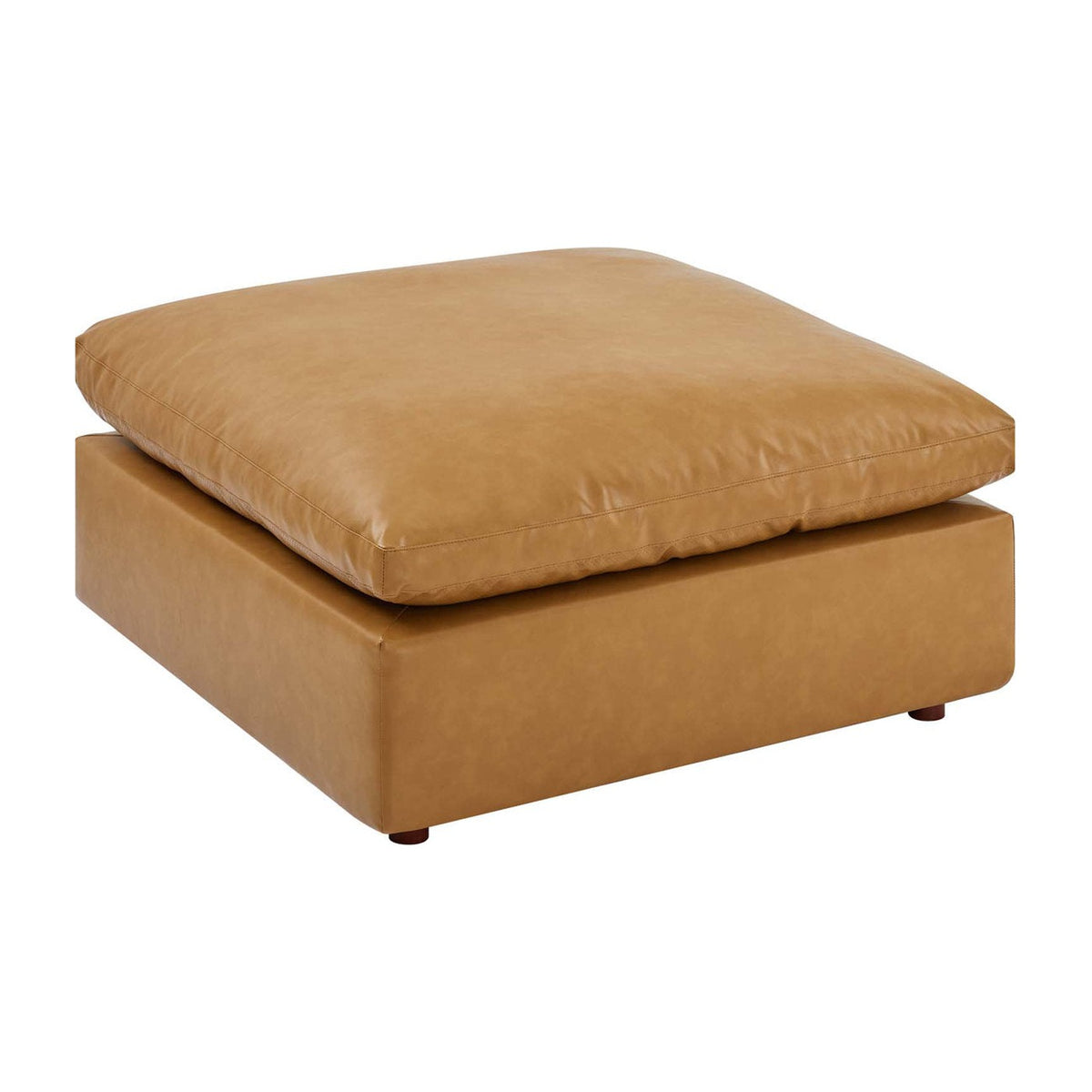 Ottoman in Tan Faux Leather with Solid Wood Frame
