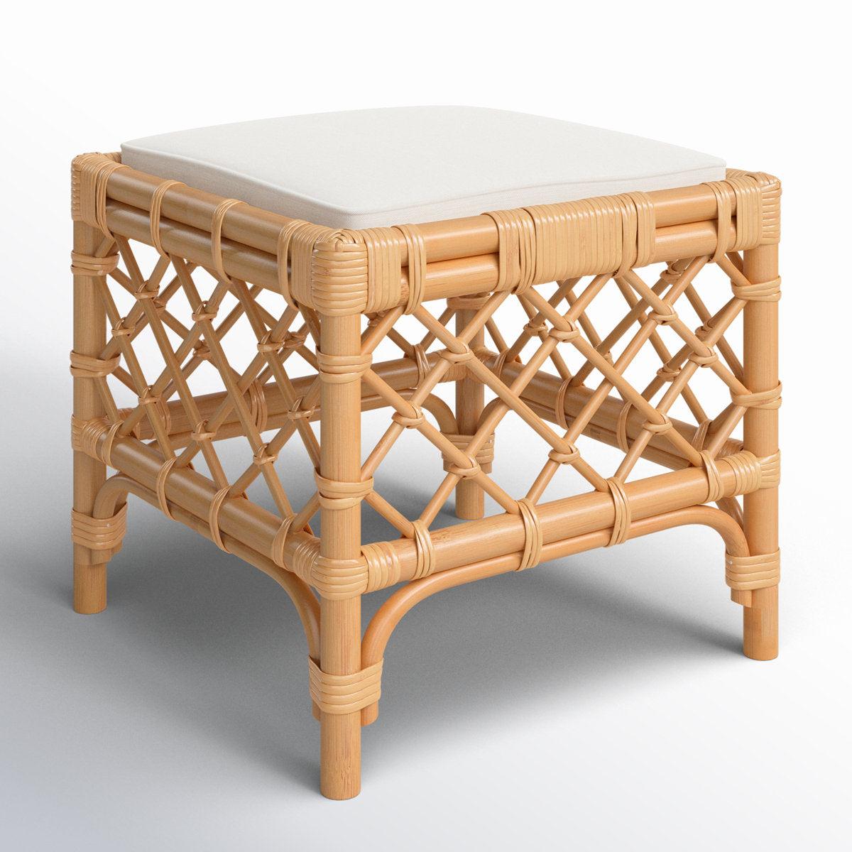 Ottoman, Natural Rattan Frame with White Cushion