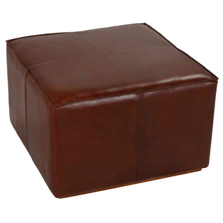 Ottoman, Oversized Square, Brown Genuine Leather, Solid Wood Frame