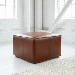Ottoman, Oversized Square, Brown Genuine Leather, Solid Wood Frame