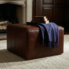 Ottoman, Oversized Square, Brown Genuine Leather, Solid Wood Frame