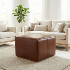 Ottoman, Oversized Square, Brown Genuine Leather, Solid Wood Frame