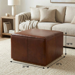 Ottoman, Oversized Square, Brown Genuine Leather, Solid Wood Frame