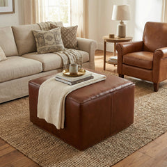 Ottoman, Oversized Square, Brown Genuine Leather, Solid Wood Frame
