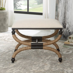 Ottoman, Rectangle, Oatmeal Cotton Blend with Metal and Rope Frame