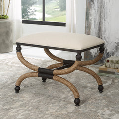 Ottoman, Rectangle, Oatmeal Cotton Blend with Metal and Rope Frame