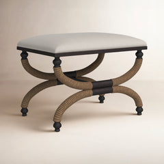 Ottoman, Rectangle, Oatmeal Cotton Blend with Metal and Rope Frame