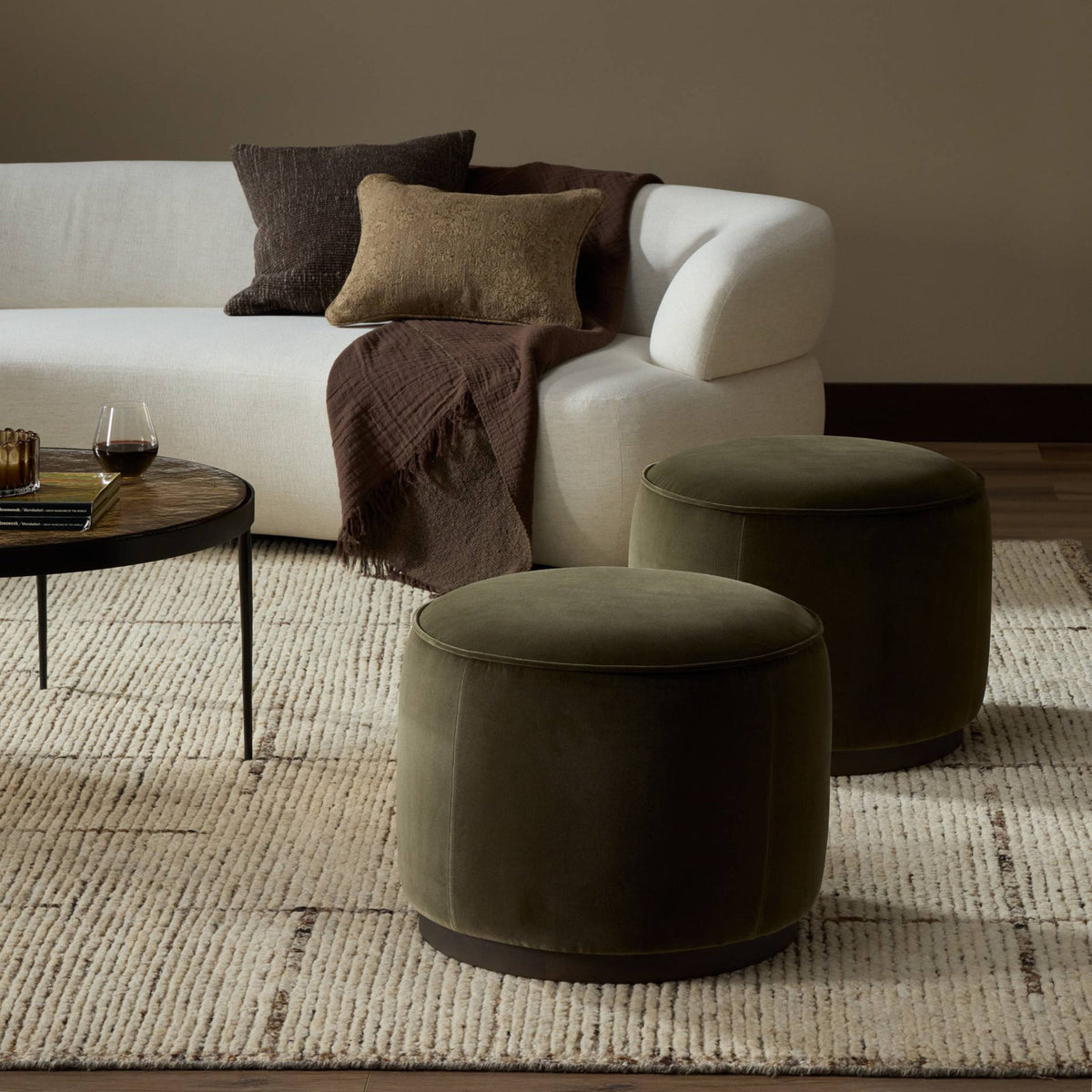 Ottoman, Round, Olive Cotton Blend with Sienna Brown Wood Legs