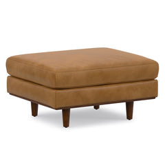 Ottoman, Sienna Genuine Leather with Brown Wood Legs
